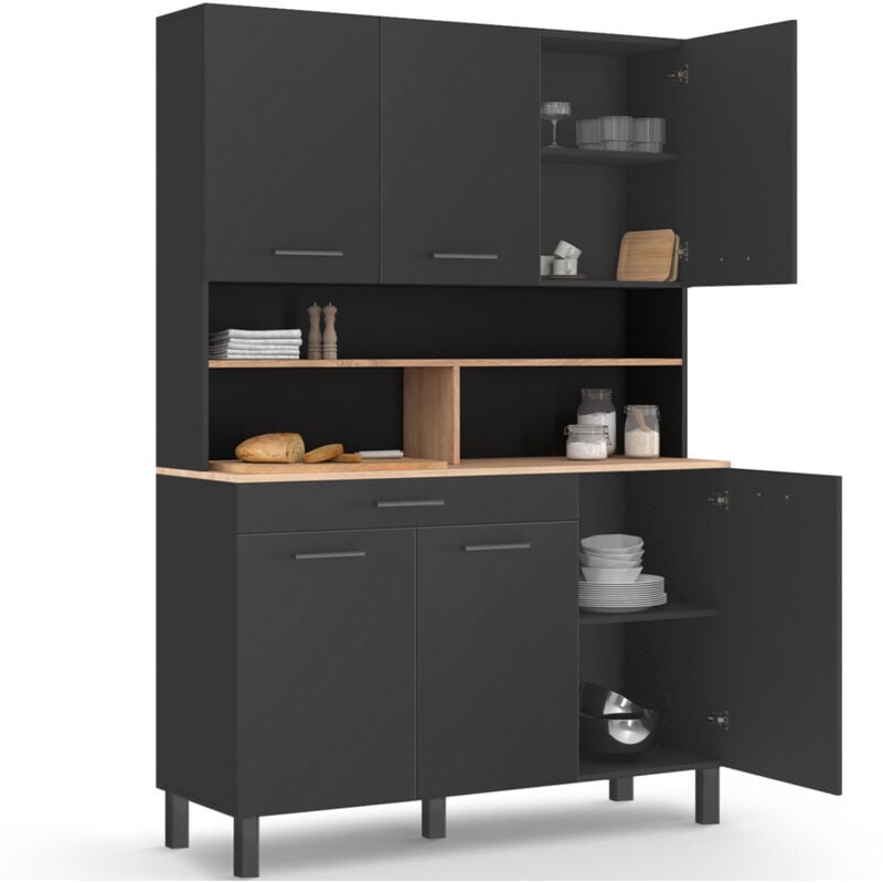Buffet de cuisine 120 cm cina 6 portes + tiroir noir et plateaux façon hêtre
