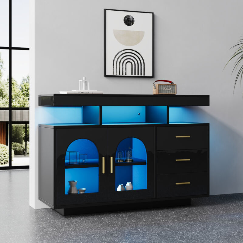 Buffet de cuisine 120x40x80cm, commode, meuble de salon, avec led 16 couleurs, 2 portes + 3 tiroirs, noir