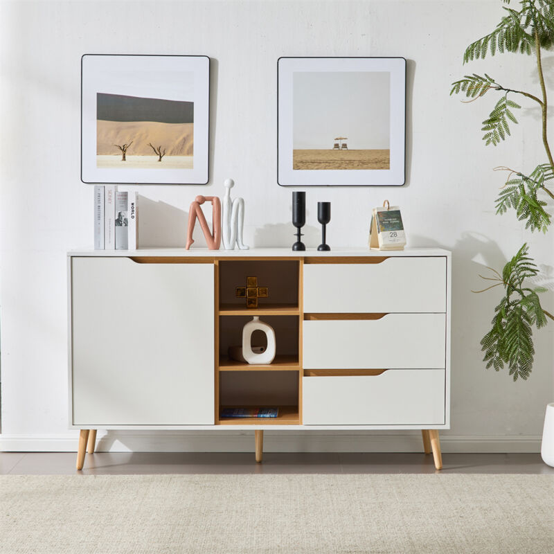 Buffet de cuisine 140x40x80,5cm, avec 1 poete, 3 tiroirs et étagère ouverte, poignées dissimulées, pieds en bois massif, blanc