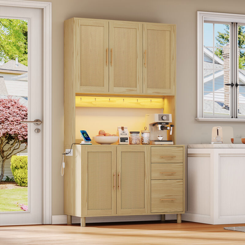 Buffet de cuisine 183 cm avec éclairage led décoratif contrôlé par application, 2 ports usb, 2 prises et étagères réglables -Couleur naturelle