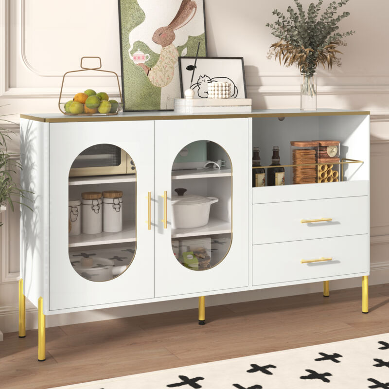 Buffet de cuisine 2 portes 2 tiroirs avec rangement ouvert, meuble de rangement de salon, MDF, 140×38×90 cm, blanc+or