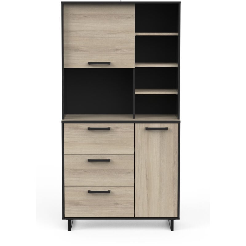 Buffet de cuisine 2 portes + 3 tiroirs coloris chêne kronberg, noir mat - Longueur 92 x Hauteur 179,50 x Profondeur 39,70 cm -PEGANE-