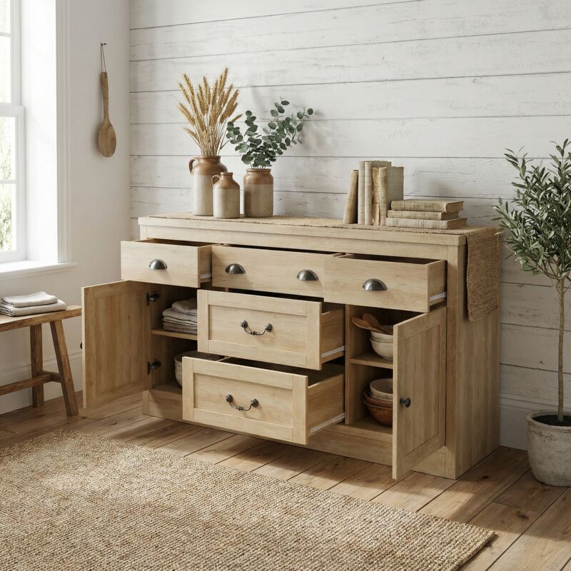 Buffet de cuisine, 2 portes et 5 tiroirs, meuble de rangement salle à manger, 135x40x80 cm, style scandinave - Naturel