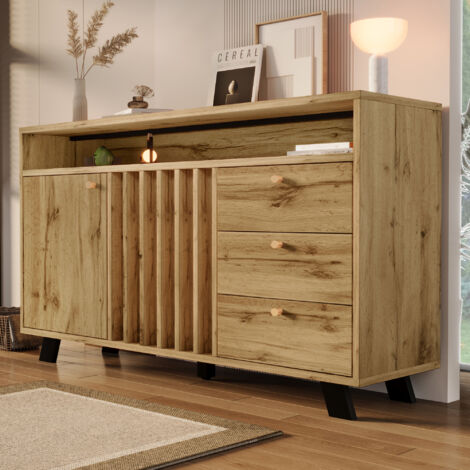 Buffet de cuisine 3 tiroirs 2 portes avec niche ouverte, meuble de rangement façade lamellée, MDF chêne, 120x40x85 cm