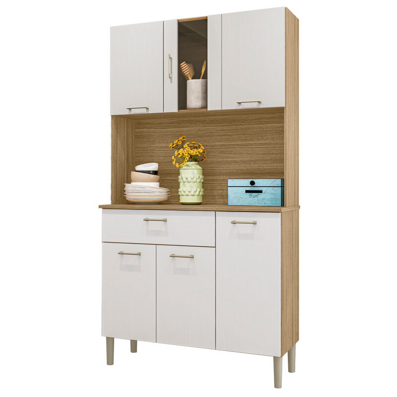 Buffet de Cuisine 6 Portes 1 Tiroir Chêne et Blanc 5 Niches L92 H170.5 P36.3 cm