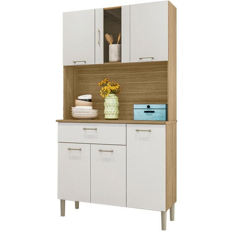 Buffet de Cuisine 6 Portes 1 Tiroir Chêne et Blanc 5 Niches L92 H170.5 P36.3 cm