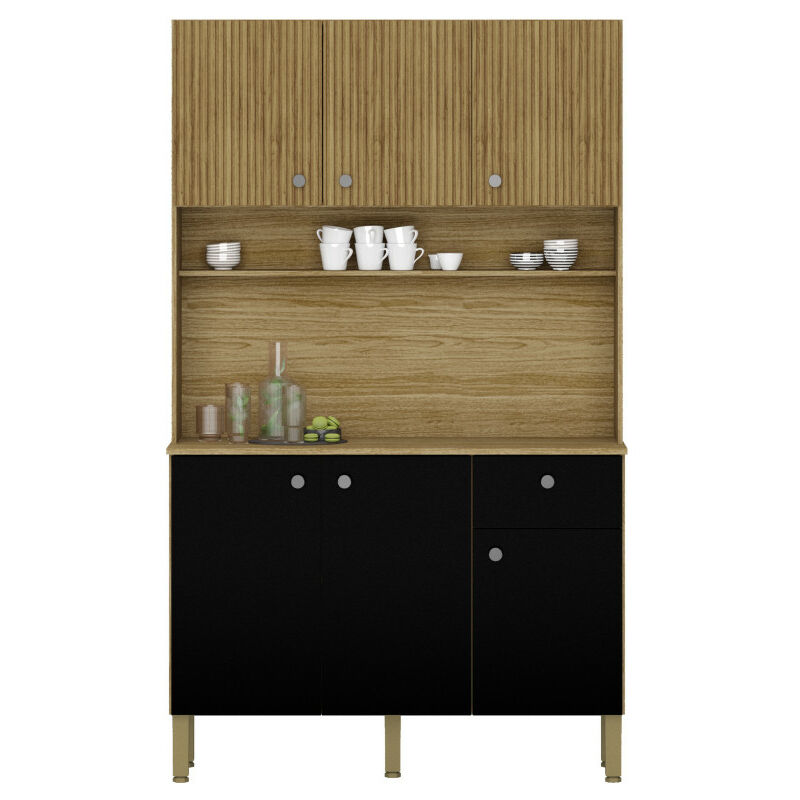 Buffet de Cuisine 6 Portes 1 Tiroir Chêne et Noir 7 Niches l 111 h 185 p 39.3 cm