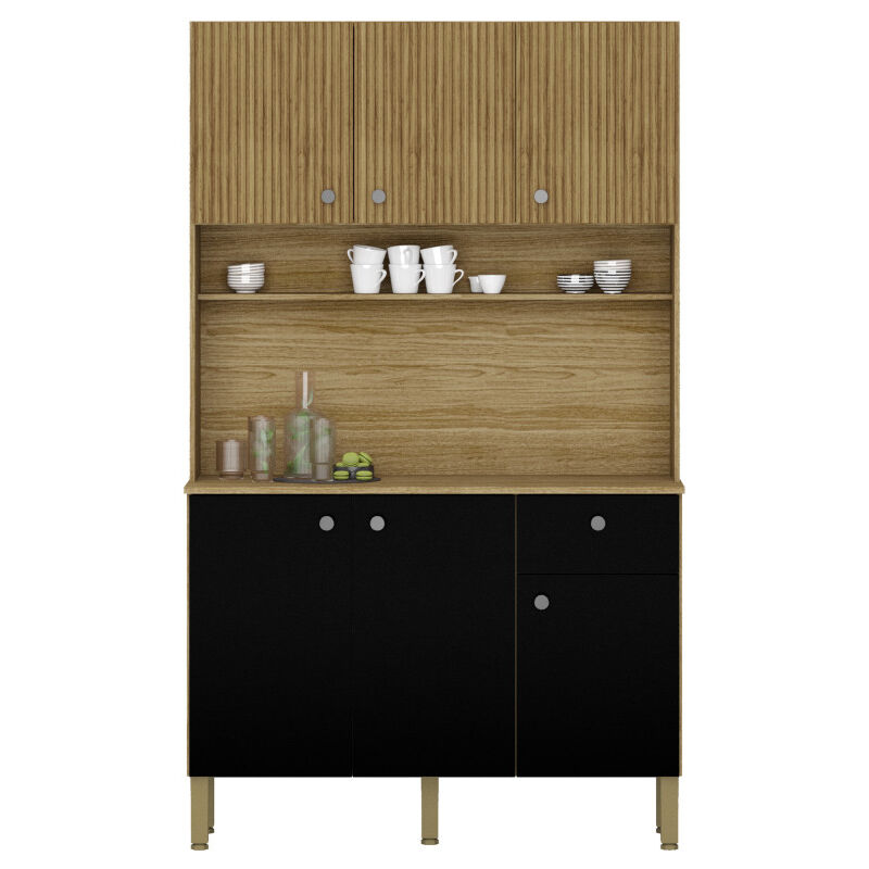 Buffet de Cuisine 6 Portes 1 Tiroir Chêne et Noir 7 Niches l 111 h 185 p 39.3 cm