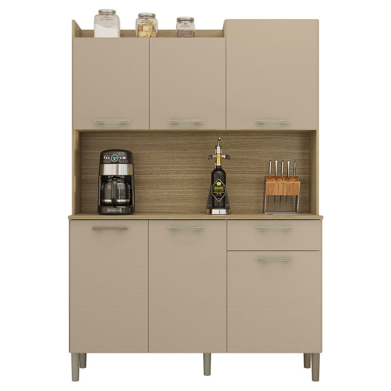 Buffet de Cuisine 6 Portes 1 Tiroir Chêne et Taupe l 121.5 h 176 p 36.3 cm