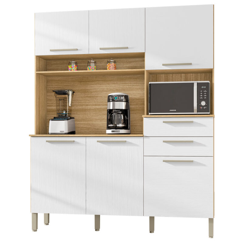 Buffet de Cuisine 6 Portes 2 Tiroirs Chêne et Blanc L 160.7 H 196 P 38.8 cm