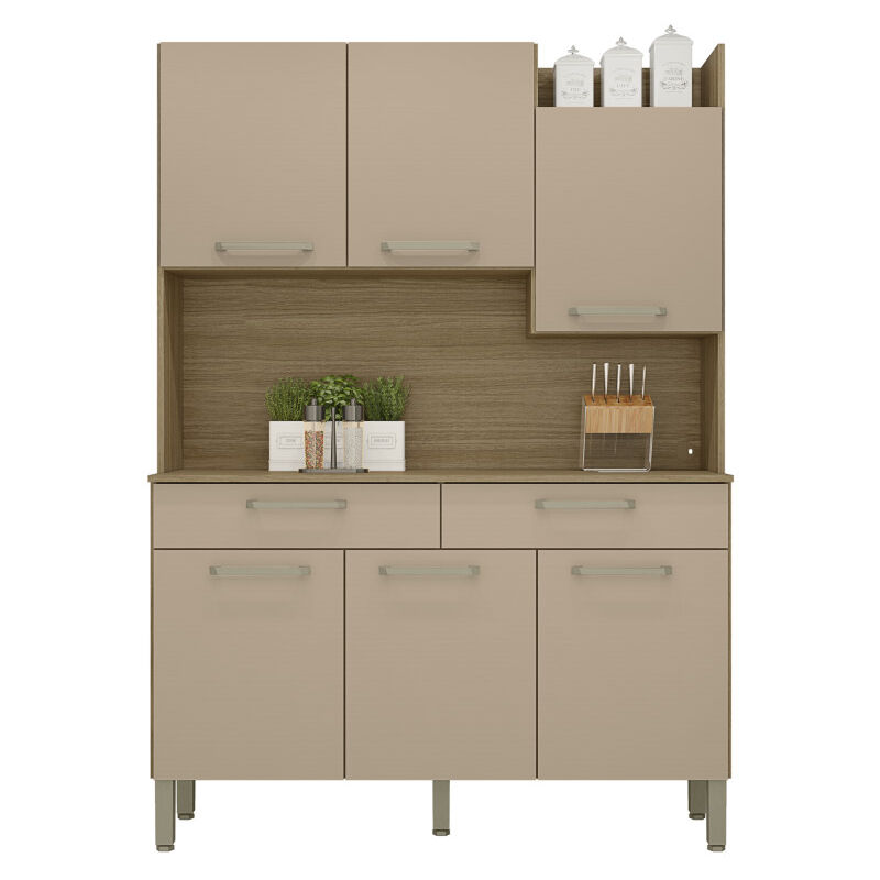 Buffet de Cuisine 6 Portes 2 Tiroirs Chêne Taupe 10 Niches l 132 h 186 p 38.8 cm