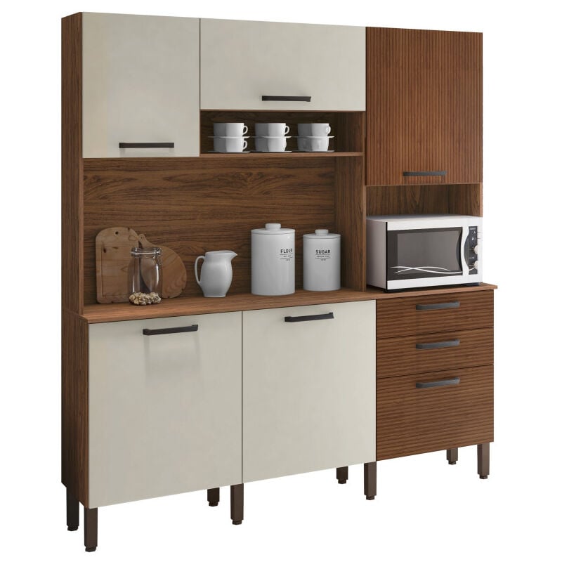 Buffet de Cuisine 6 Portes 2 Tiroirs Noyer et Blanc Ecru l 180.2 h 198 p 38.8 cm