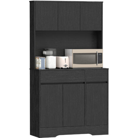 Buffet de cuisine 6 portes avec plan de travail, meuble de rangement haut avec étagères, noir