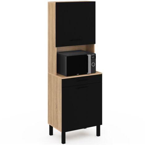 Buffet de cuisine 60 CM CINA 2 portes + tiroir façon hêtre et noir