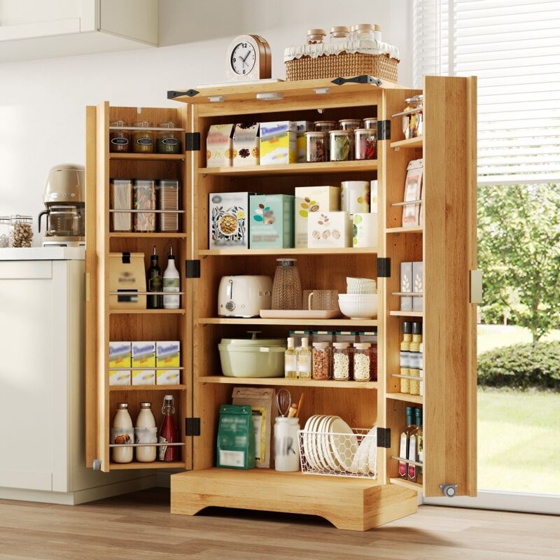 Buffet de cuisine 60,5x40x120 cm - Armoire de rangement avec éclairage LED sensor et étagères réglables - européen Bois Naturel