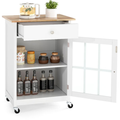 Buffet de Cuisine 65 x 48,5 x 87,5 cm, Plateau en Bois de Caoutchouc, Roues Verrouillables, Tiroir, Porte-Serviettes, Porte en Verre Trempé, Blanc