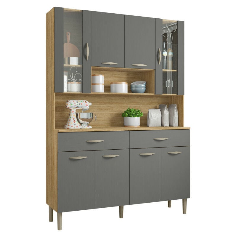 Buffet de Cuisine 8 Portes 2 Tiroirs Chêne et Gris l 121.4 h 173.5 p 36.3 cm