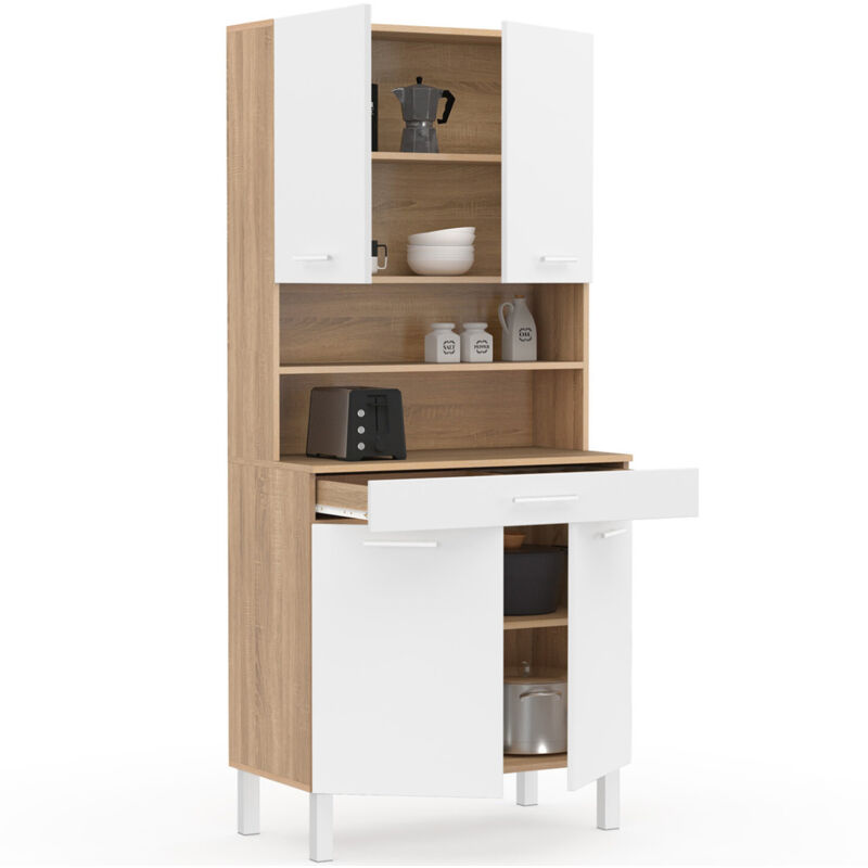 Idmarket - Buffet de cuisine 80 cm cina 4 portes + tiroir façon hêtre et blanc