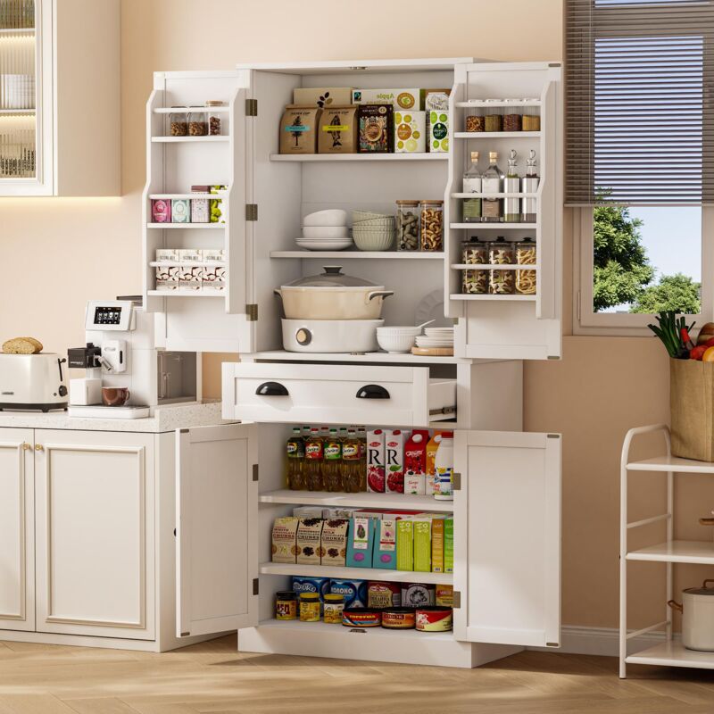 Buffet de cuisine 80 x 40 x 182 cm, 4 portes, 1 tiroir, avec 4 étagères réglables, plusieurs compartiments de rangement, commode, mdf, blanc