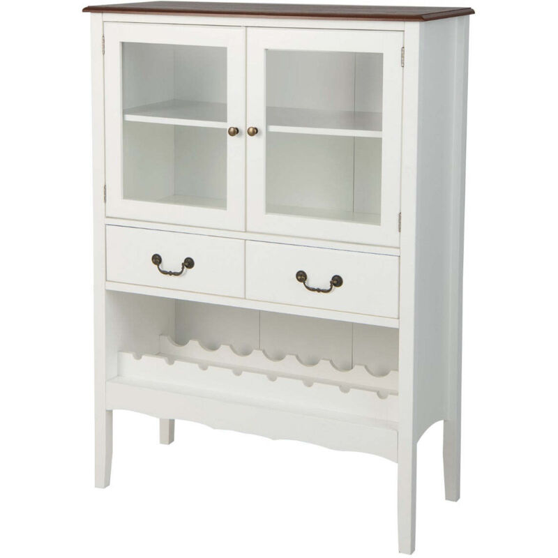 Buffet de cuisine à 2 portes en verre avec 2 tiroirs et étagère réglable 90 x 40 x 126,5 cm en bois de pin blanc Buffet de cuisine à 2 portes en verre avec 2 tiroirs et étagère réglable 90 x 40 x 126,5 cm en bois de pin blanc
