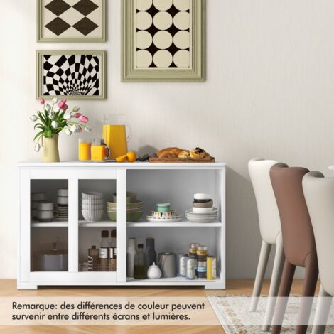 Buffet de Cuisine Armoire  Basse de Salle à Manger 2 Etagères 2 Portes Transparentes en MDF 106,5x33x62,5cm Blanc CW76228
