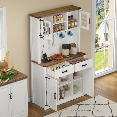 Buffet de Cuisine avec 2 Tiroirs, 4 Niches, Étagères Réglables, LED et Prises, en MDF, Marron et Blanc