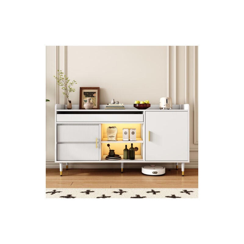 Buffet blanc avec portes coulissantes en verre et éclairage led, buffet de salon pour salle à manger, salon, couloir