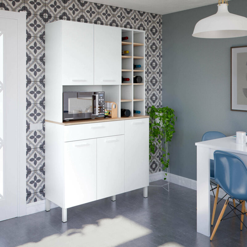 Buffet de cuisine avec 5 portes, Armoire avec 1 tiroir et étagères à bouteilles, Armoire avec pieds, Cm 108x40h186, Couleur Chêne et Blanc
