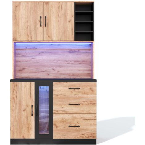 Buffet de cuisine avec éclairage led, 105x40x180 cm, étagères réglables et prise ue, finition effet bois et noir, pour cuisine et salle à manger