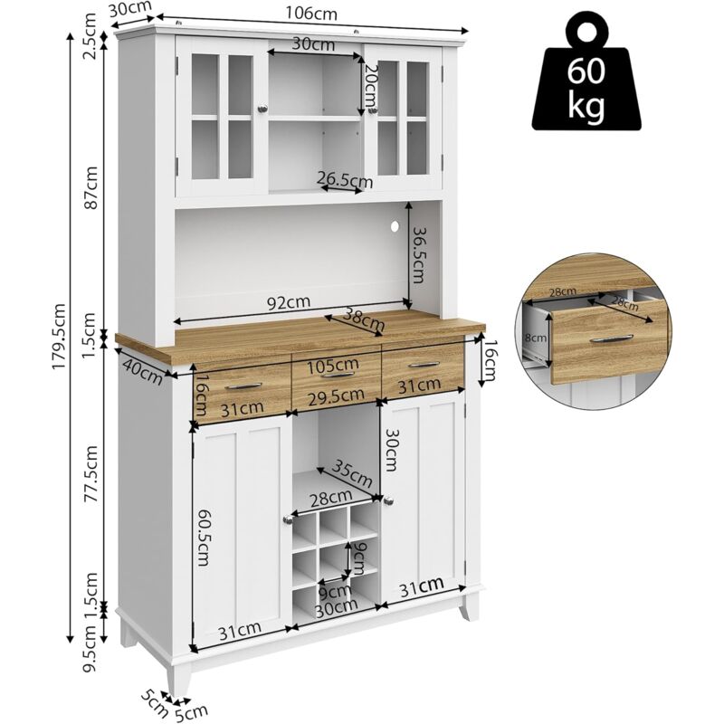 Buffet De Cuisine Avec Éclairage Led - Armoire Haute Buffet Avec Étagères Réglables - Buffet Avec Étagère à Vin 106 x 40 x 179,5 Cm