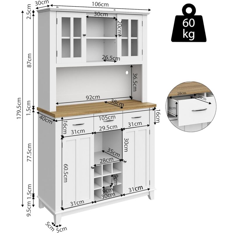 Buffet De Cuisine Avec Éclairage Led - Armoire Haute Buffet Avec Étagères Réglables - Buffet Avec Étagère à Vin 106 x 40 x 179,5 Cm-Blanc