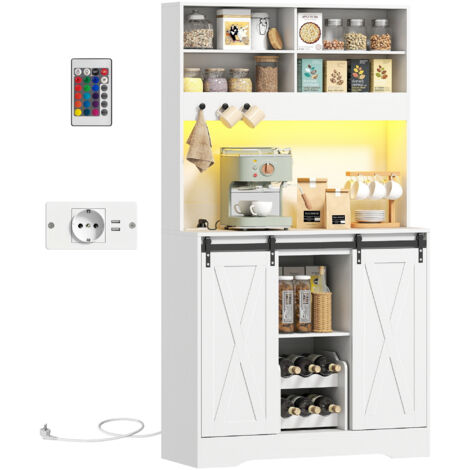 Buffet de cuisine avec prises électriques, éclairage LED, porte-bouteilles et portes coulissantes, 100 x 38 x 180 cm, blanc