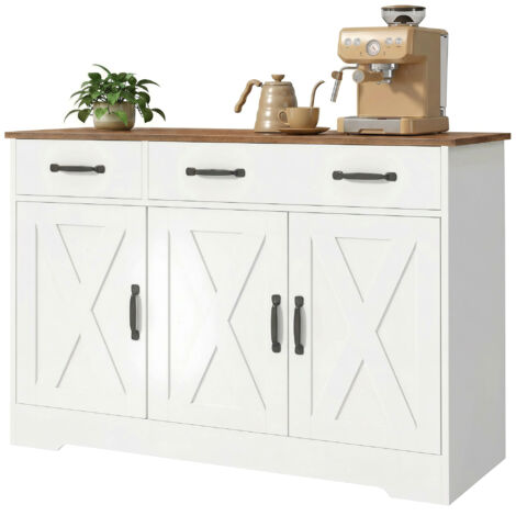 Buffet de cuisine blanc 108x40x81 cm, meuble de rangement avec 3 portes coulissantes, 2 tiroirs et étagères ajustables
