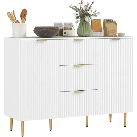 Buffet de cuisine blanc 120 cm avec portes cannelées, tiroirs et étagères ajustables, meuble de rangement pratique.