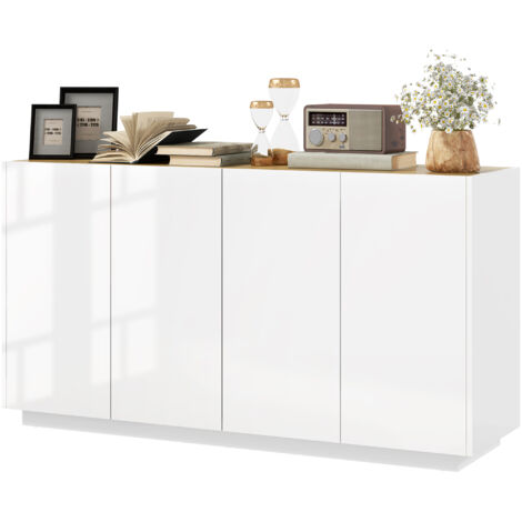 Buffet de cuisine blanc laqué 4 portes avec fermeture amortie et étagères ajustables 140x40x75 cm