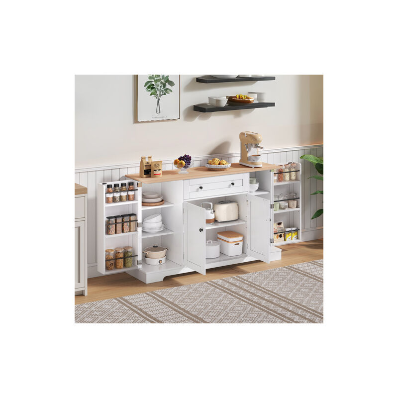 Buffet de cuisine, buffet blanc et bois avec tiroir, étagères réglables, protection anti-basculement, pour cuisine, salon et chambre
