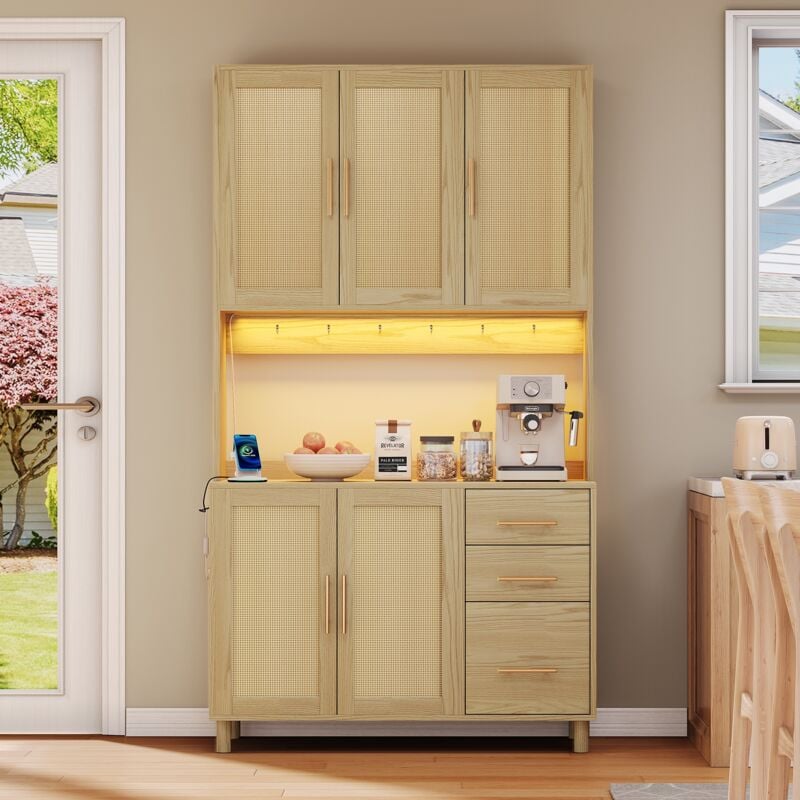 Buffet de cuisine de 183 cm, meuble buffet, lumières décoratives led, 2 prises usb et prises, étagères réglables, 3 tiroirs, poignées en métal,