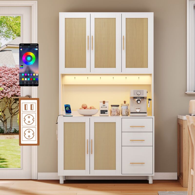 Buffet de cuisine de 183 cm, meuble buffet, lumières décoratives LED, 2 prises USB et prises, étagères réglables, 3 tiroirs, poignées en métal,