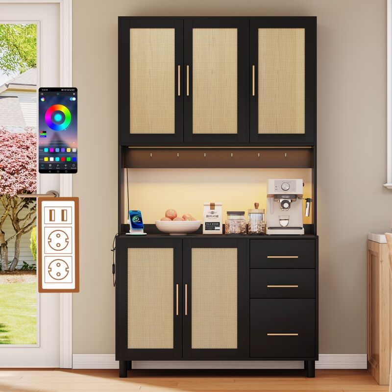 Buffet de cuisine de 183 cm, meuble buffet, lumières décoratives led, 2 prises usb et prises, étagères réglables, 3 tiroirs, poignées en métal,