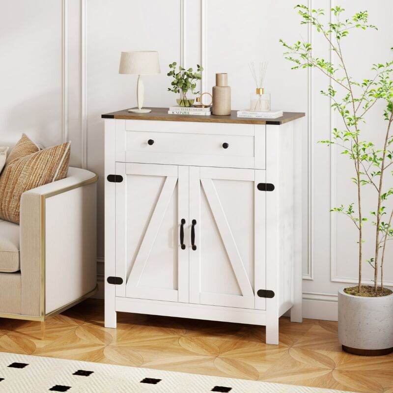 Buffet de Cuisine de Ferme avec Porte Tiroir et Étagère Réglable Meuble de Rangement pour Garde-manger Station Café sur Pied Blanc