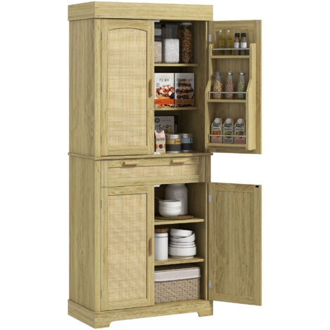Buffet de cuisine de style bohème avec 2 placards et un tiroir, meuble de cuisine avec porte-épices en bois et rotin, 76x40x183cm, en chêne