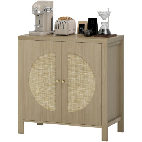 Buffet de cuisine en bois naturel 75x38x77cm avec rangement à 2 portes effet rotin et étagère ajustable