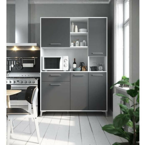 Armoire de cuisine contemporaine multi-rangement 6 portes 1 tiroir + grand  plateau dim. 101l x 39l x 180h cm panneaux particules blanc gris - Conforama