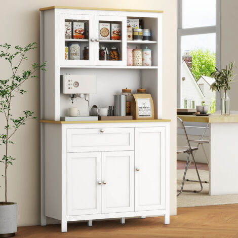 Buffet de cuisine haut 5 portes dont 2 portes vitrées et 1 tiroir. 1 niche centrale - hauteur 180 cm blanc