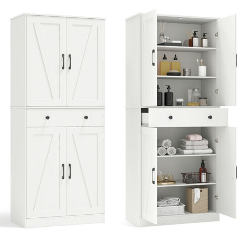 Buffet de Cuisine Haut de 183 cm, avec 4 Portes de Grange, Tiroir, 3 Étagères Ajustables, 2 Kits Anti-Basculement pour Salon, Salle à Manger, Blanc