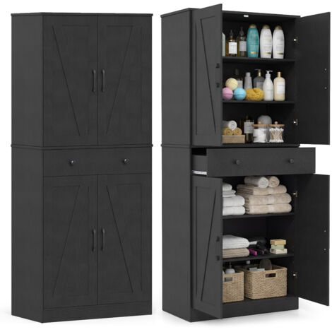 Buffet de Cuisine Haut de 183 cm, avec 4 Portes de Grange, Tiroir, 3 Étagères Ajustables, 2 Kits Anti-Basculement pour Salon, Salle à Manger, Noir