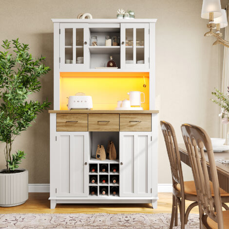 Buffet de cuisine haut MDF blanc 106 x 40 x 179,5 cm avec LED, range-bouteilles 9 bouteilles et étagères réglables