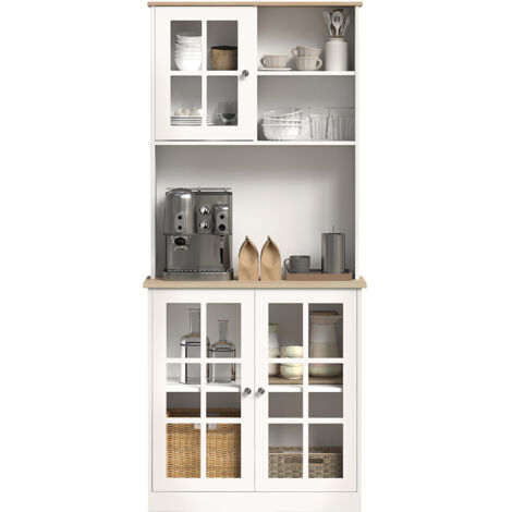 Buffet de cuisine HOMCOM, armoire haute avec plan de travail, 3 portes vitrées, 2 niches et étagères ajustables, blanc chêne, 80x37x183 cm
