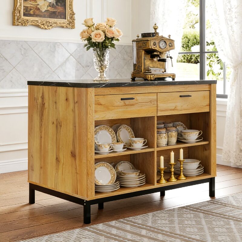 Buffet de Cuisine & Îlot de Cuisine Style Campagnard avec 2 Tiroirs & 4 Étagères Ouvertes, Décor Chêne, Plateau en Marbre Noir, Structure Métallique,