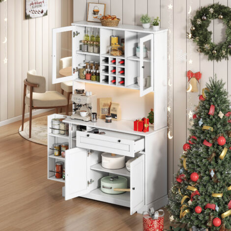 Buffet de cuisine LED avec prise et étagères réglables, 180x105x40 cm, MDF blanc